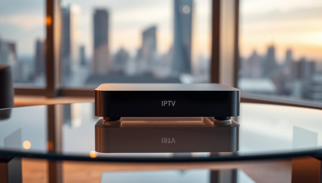 A sleek, minimalist IPTV device resting on a glass table, bathed in warm, diffused lighting. The device features a clean, modern design with a subtle logo, seamlessly blending into the elegant, clutter-free environment. In the background, a blurred cityscape can be seen through a large window, adding a sense of urban sophistication. The scene conveys a premium, high-quality aesthetic, reflecting the sophisticated nature of IPTV subscriptions. A sleek, minimalist IPTV device resting on a glass table, bathed in warm, diffused lighting. The device features a clean, modern design with a subtle logo, seamlessly blending into the elegant, clutter-free environment. In the background, a blurred cityscape can be seen through a large window, adding a sense of urban sophistication. The scene conveys a premium, high-quality aesthetic, reflecting the sophisticated nature of IPTV subscriptions.