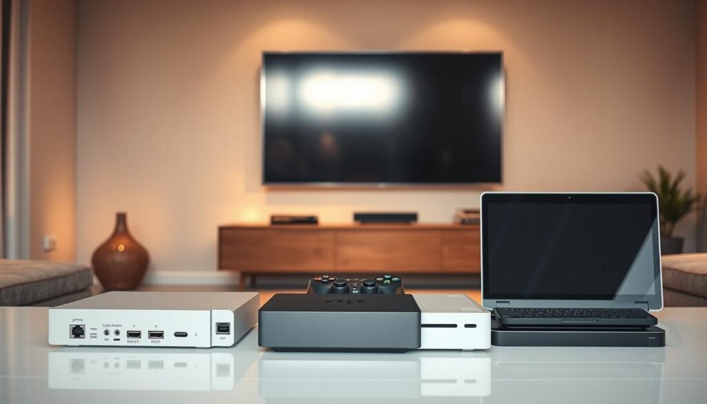 A sleek, modern living room setting with a large flatscreen TV mounted on the wall. In the foreground, an array of IPTV compatible devices are neatly arranged - a smart TV, a streaming box, a gaming console, and a laptop. The devices are depicted with a level of technical detail, showcasing their ports, remotes, and distinctive design elements. The room is bathed in warm, soft lighting, creating a cozy and inviting atmosphere. The background features minimal, contemporary decor, allowing the IPTV devices to take center stage. The overall composition conveys the seamless integration of IPTV technology into a stylish, technology-enabled home environment. A sleek, modern living room setting with a large flatscreen TV mounted on the wall. In the foreground, an array of IPTV compatible devices are neatly arranged - a smart TV, a streaming box, a gaming console, and a laptop. The devices are depicted with a level of technical detail, showcasing their ports, remotes, and distinctive design elements. The room is bathed in warm, soft lighting, creating a cozy and inviting atmosphere. The background features minimal, contemporary decor, allowing the IPTV devices to take center stage. The overall composition conveys the seamless integration of IPTV technology into a stylish, technology-enabled home environment.