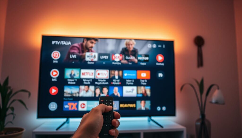 A sleek, modern smart TV displaying the IPTV Italia interface, showcasing a variety of live TV channels, on-demand content, and user-friendly navigation. The screen is illuminated by warm, ambient lighting, creating a cozy and inviting atmosphere. In the foreground, a hand holds a minimalist remote control, emphasizing the seamless user experience. The background features a clean, minimalist interior design, with subtle hints of Italian style, such as a potted plant or a decorative wall hanging. The overall impression is one of a high-quality, immersive IPTV experience tailored for the Italian market. A sleek, modern smart TV displaying the IPTV Italia interface, showcasing a variety of live TV channels, on-demand content, and user-friendly navigation. The screen is illuminated by warm, ambient lighting, creating a cozy and inviting atmosphere. In the foreground, a hand holds a minimalist remote control, emphasizing the seamless user experience. The background features a clean, minimalist interior design, with subtle hints of Italian style, such as a potted plant or a decorative wall hanging. The overall impression is one of a high-quality, immersive IPTV experience tailored for the Italian market.